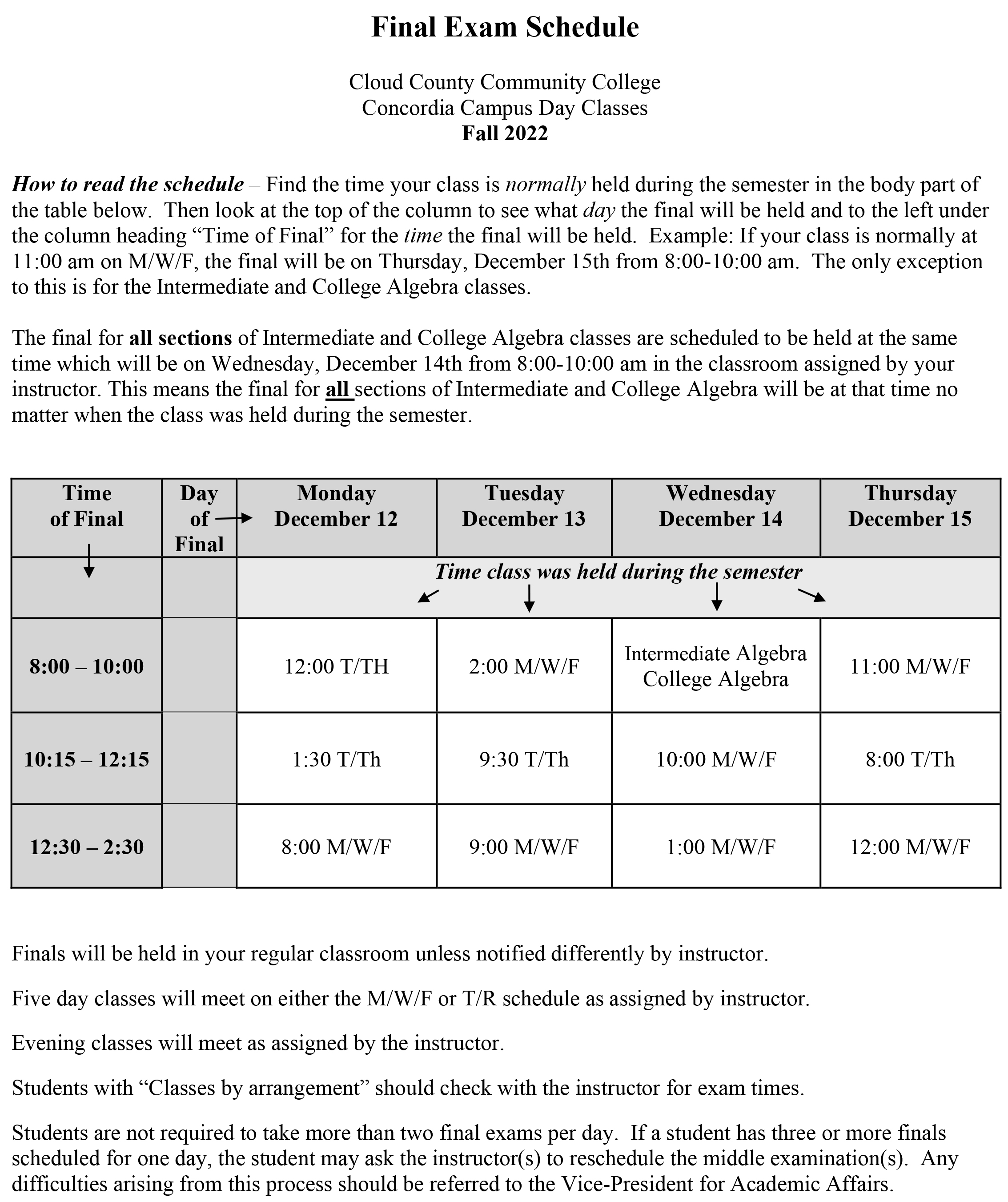 The Final Exam Schedule - Fall 2022.