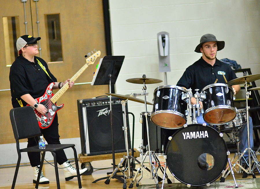 A photo of the Pep Band playing.