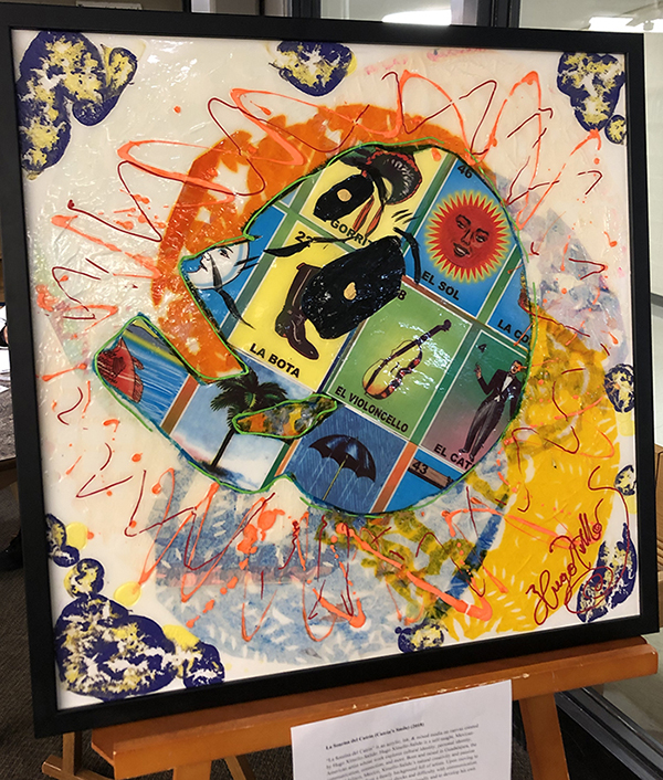 A photo of an art piece donated to the library.